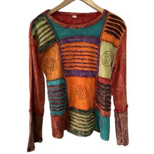 Unbranded 100% Cotton Mineral Wash Dye Geometric Patchwork Long Sleeve Shirt L